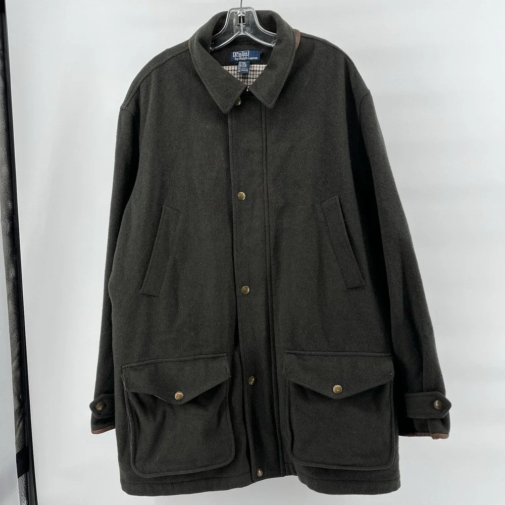 Polo Ralph Lauren Loden Green Mens Leather Trim Insulated Wool Coat Jacket XL